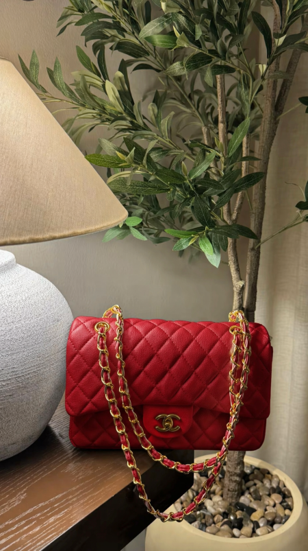 حقيبة CHANEL الكلاسيك فلاب جلد أملس قاعدة 25سم هاردوير أحمر مع علبة